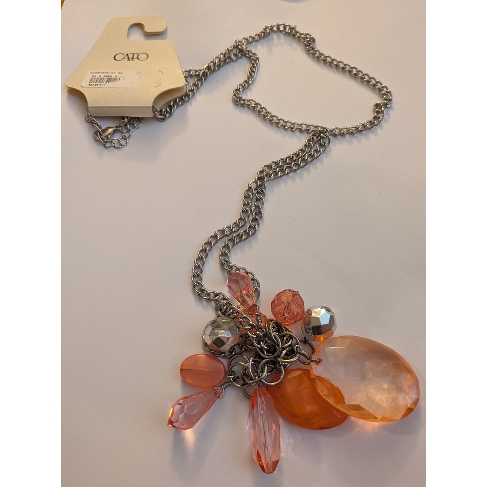 Cato Peach Orange Coral Cluster Statement Necklace Silver Tone Long Chain NWT